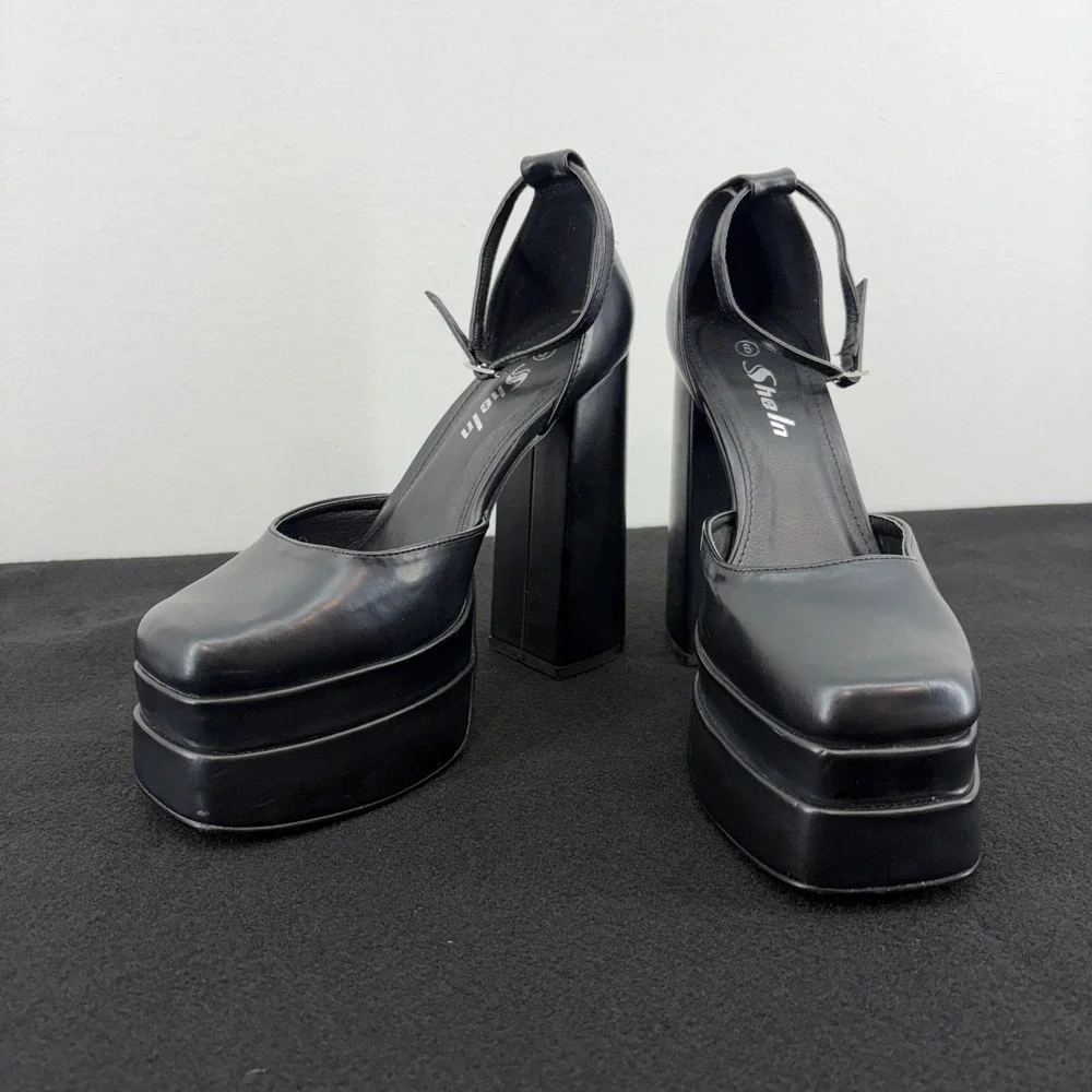 Goth Alt Funky Black Chunky Platform Womens 8 Square Toe Ankle Strap Heels Shoes